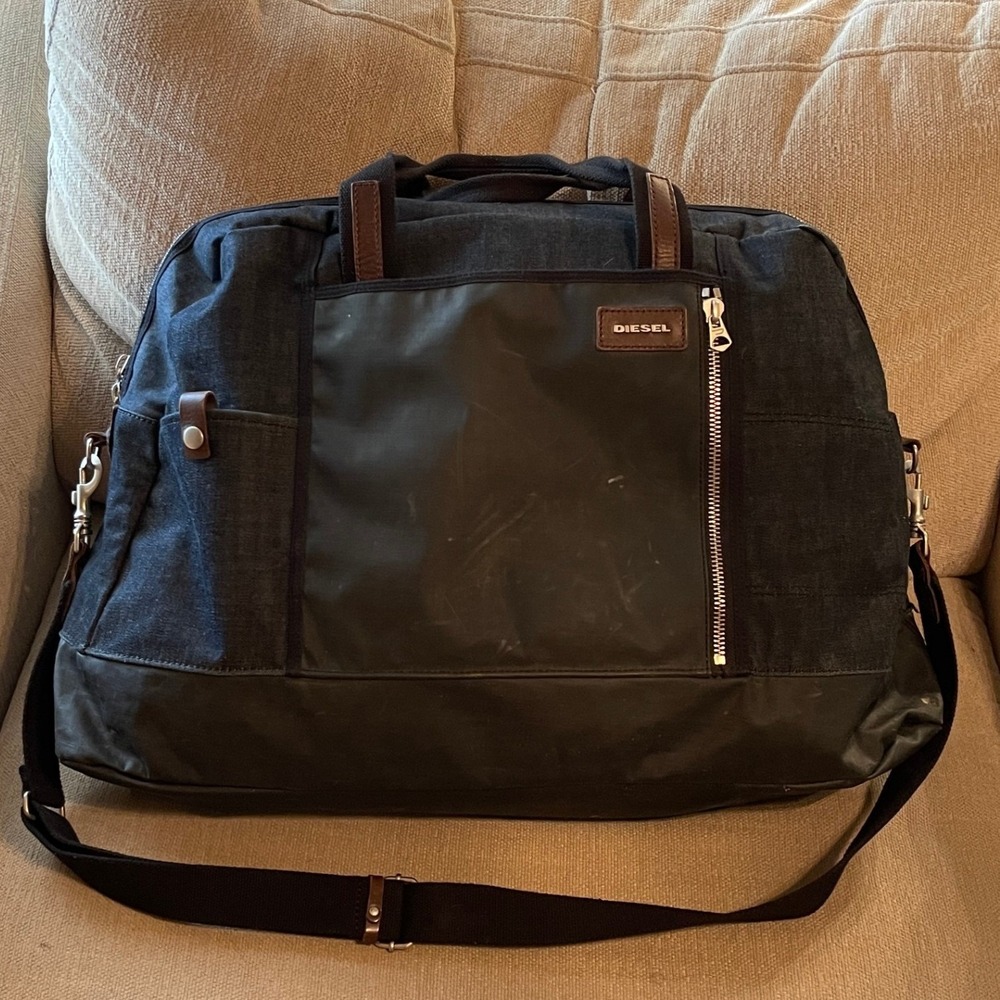 Diesel Duffle Bag Denim Coated Canvas Large Weekender Travel Bag Black Blue